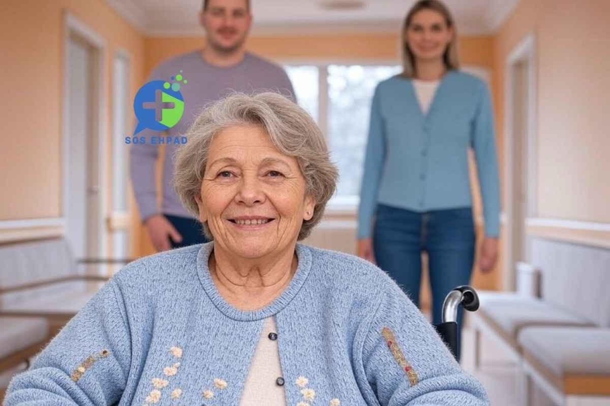 Une résidente d’EHPAD avec sa famille