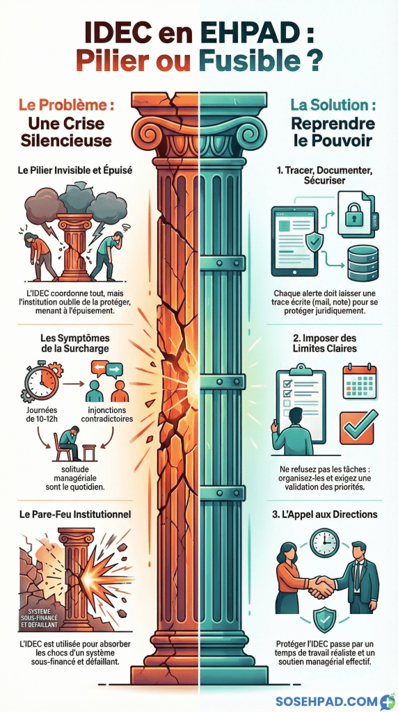 Infographic discussing the role of IDEC in EHPAD, highlighting the challenges and solutions for improving management and care quality.