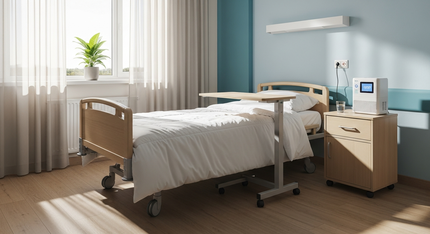 Chambre EHPAD propre et lumineuse après désinfection à l'ozone - remise à disposition rapide et digne