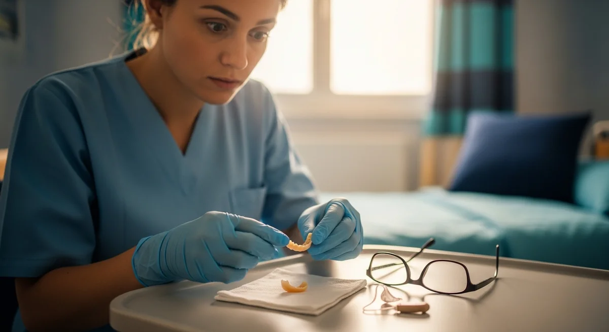 Aide-soignante en EHPAD tenant une prothèse dentaire non identifiée près d'une paire de lunettes et d'un appareil auditif sur une table de chevet — illustration du problème des objets perdus résolu par la traçabilité RFID Hornet TRACE.