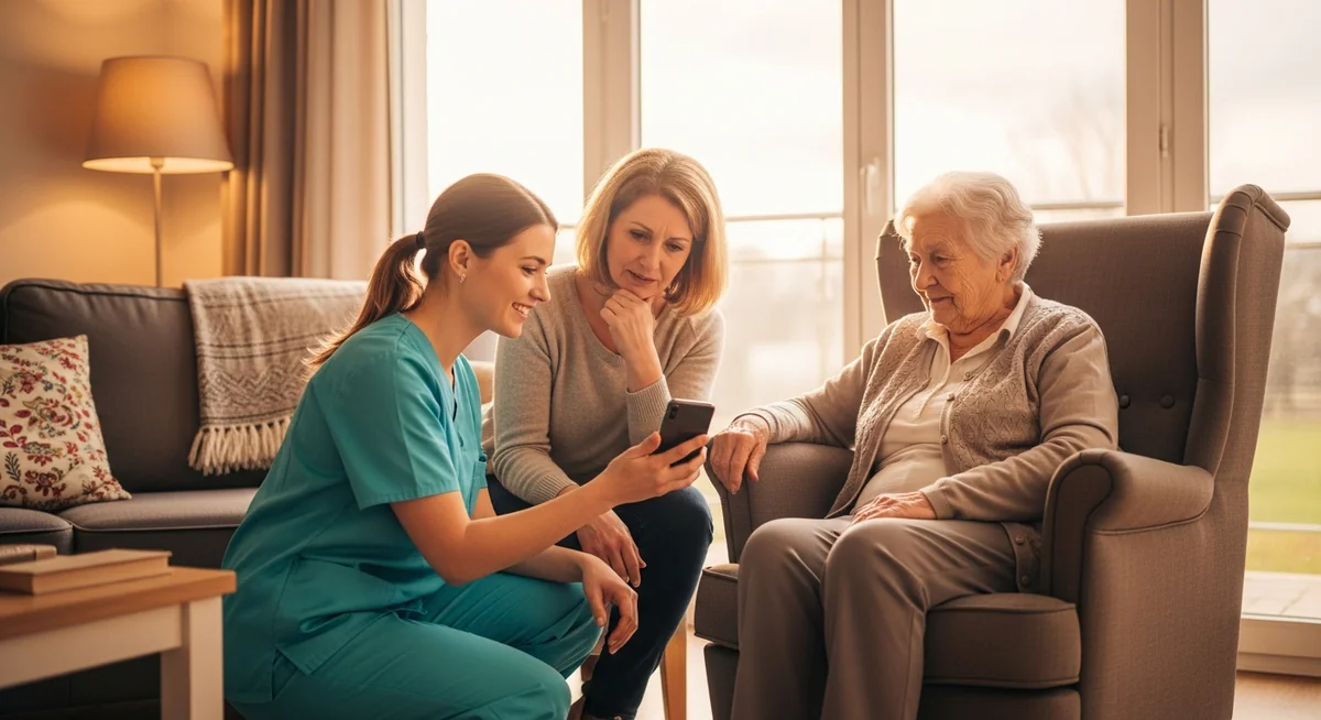 Soignante en EHPAD partageant des nouvelles du quotidien sur smartphone avec la fille d'une résidente souriante — illustration de la confiance famille-établissement.