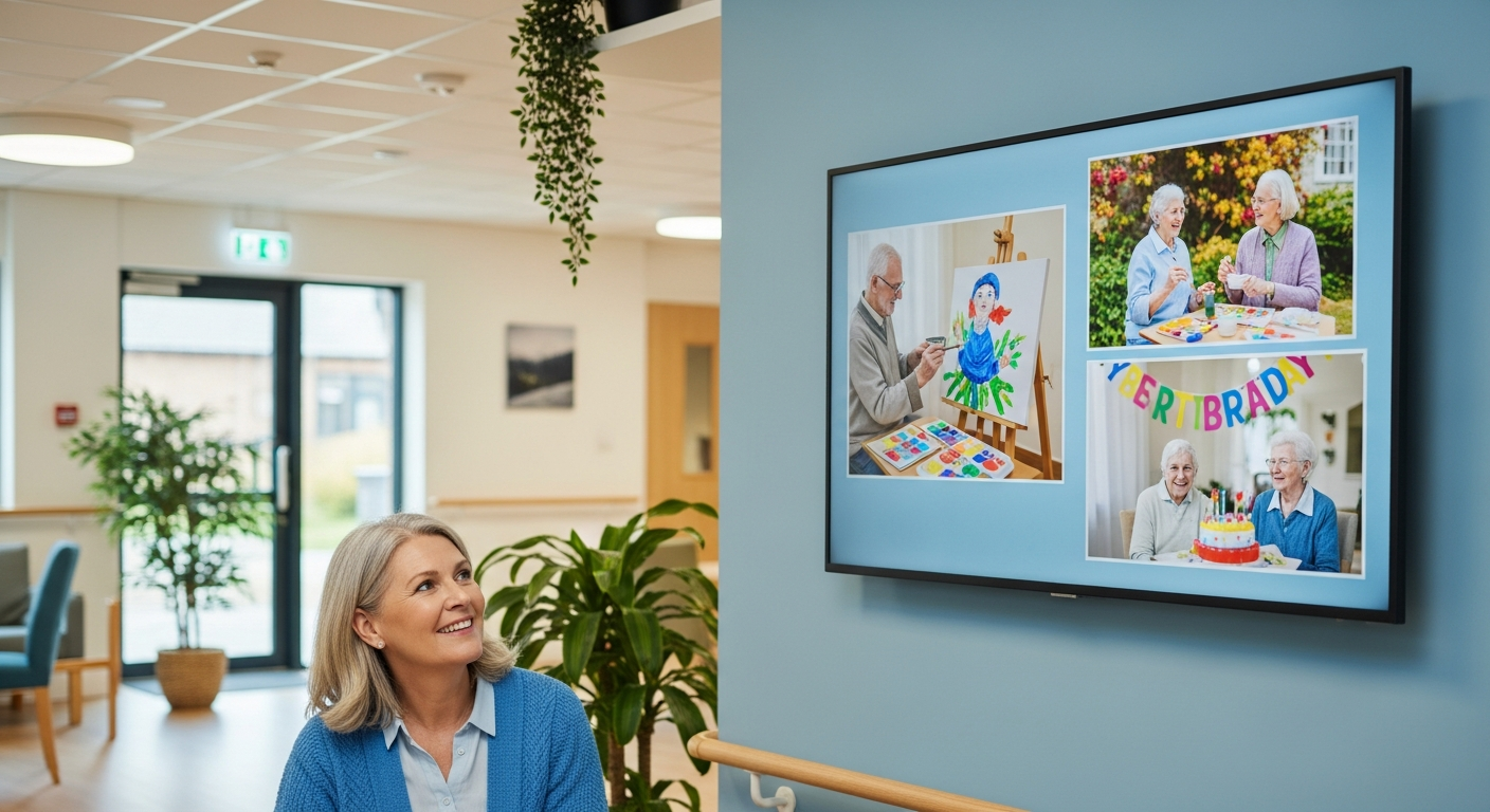 Visiteuse souriante dans le hall EHPAD devant un écran TV Famileo montrant des photos d animations de résidents