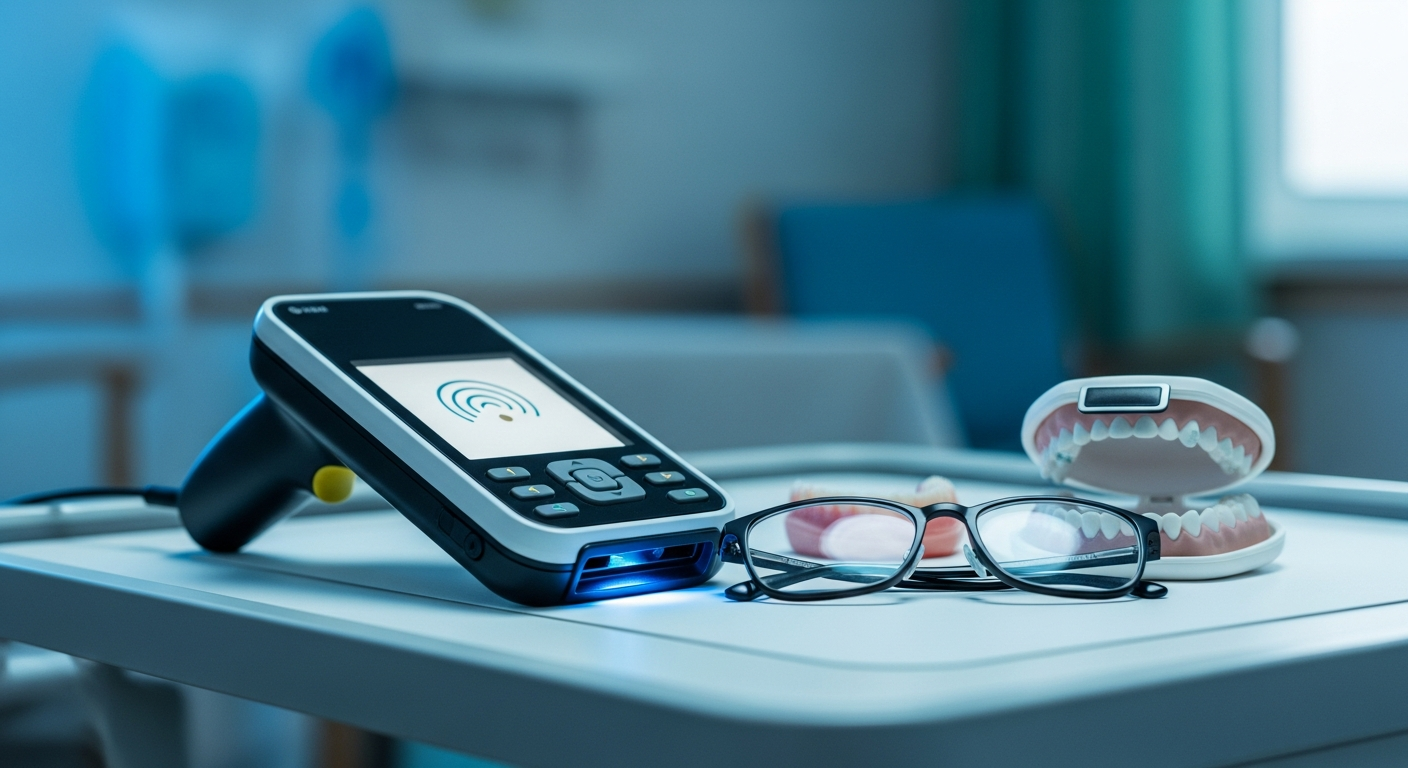 Lecteur RFID Hornet TRACE scannant lunettes et prothèse dentaire - traçabilité dispositifs médicaux EHPAD
