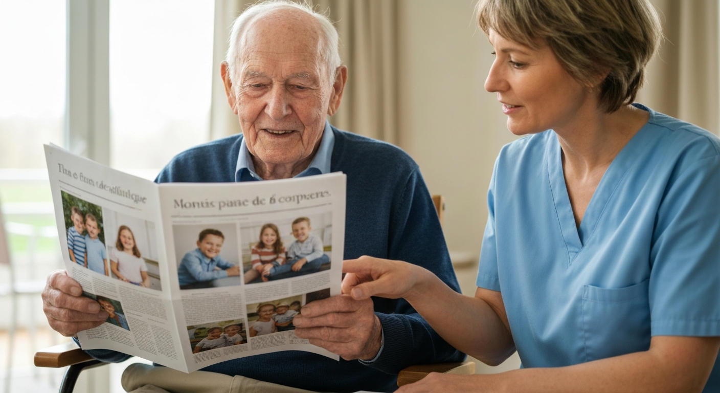 Résident lisant sa gazette familiale personnalisée pour la Fête des Pères en EHPAD, accompagné d'une soignante
