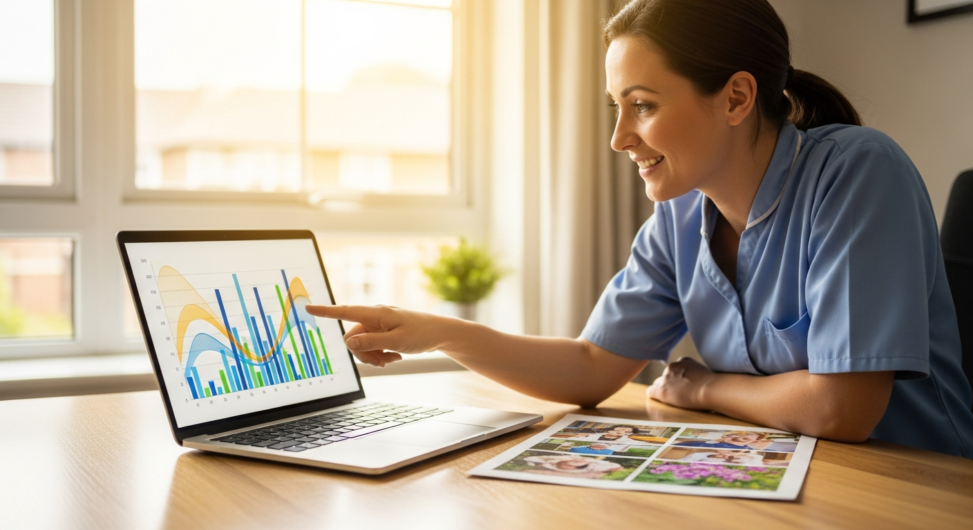 Directrice d’EHPAD consultant le tableau de bord d’indicateurs du lien social sur ordinateur portable