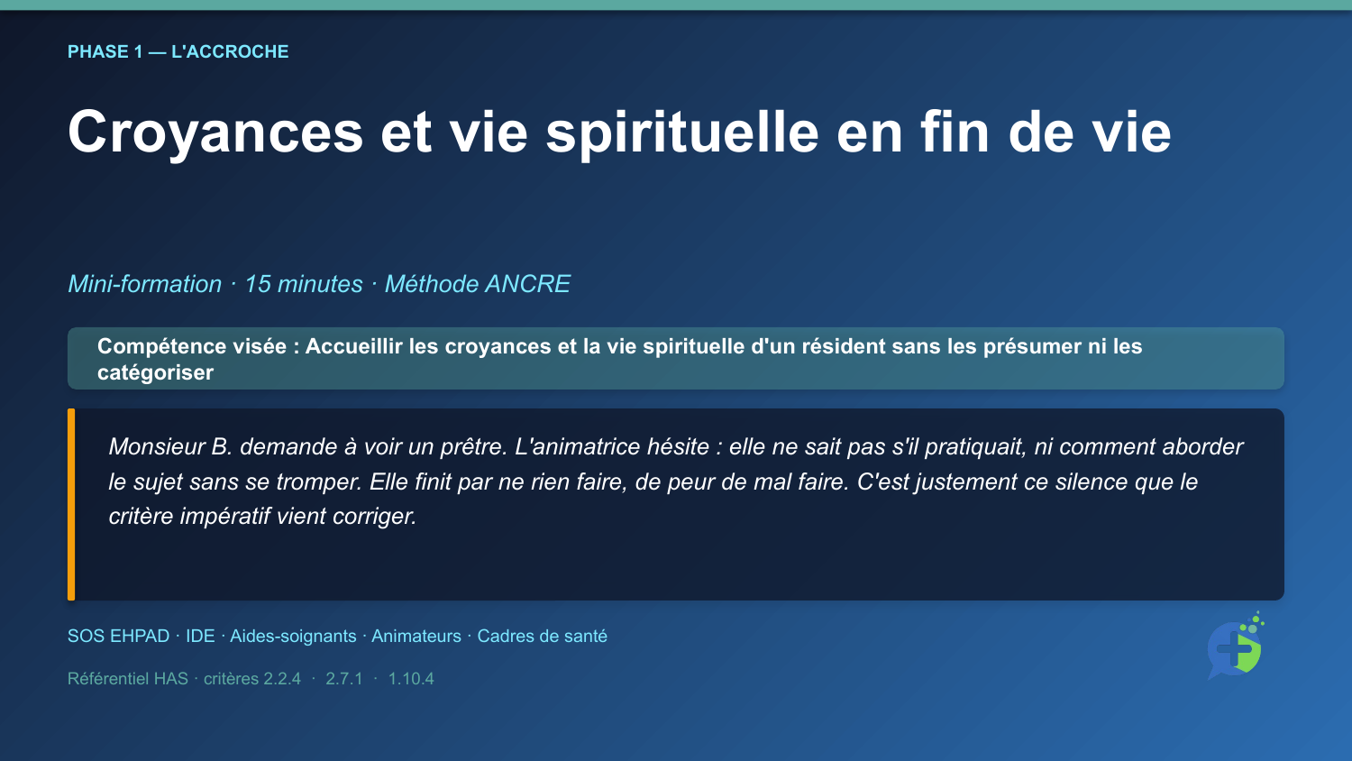 Diapositive d'ouverture de la mini-formation Accompagnement spirituel selon les croyances