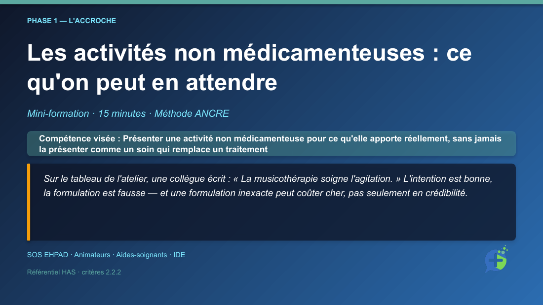 Diapositive de la mini-formation Activités thérapeutiques non médicamenteuses simples — la mise en situation d'ouverture
