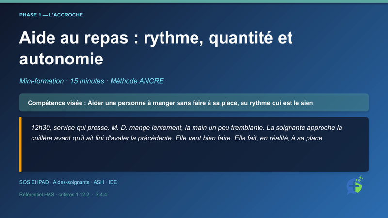 Diapositive de la mini-formation Aide au repas : rythme, quantité et autonomie — la mise en situation d'ouverture