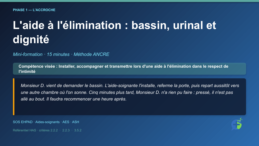 Diapositive de la mini-formation L'aide à l'élimination — bassin, urinal et dignité — la mise en situation d'ouverture
