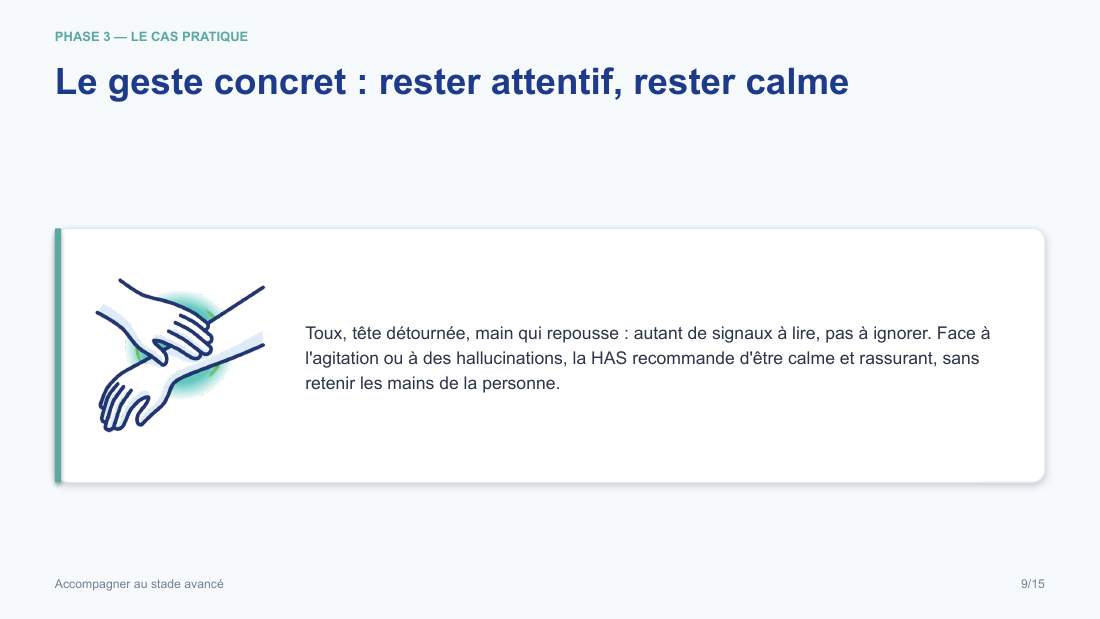 Diapositive de la mini-formation Accompagner au stade avancé — les gestes, illustrés et sourcés