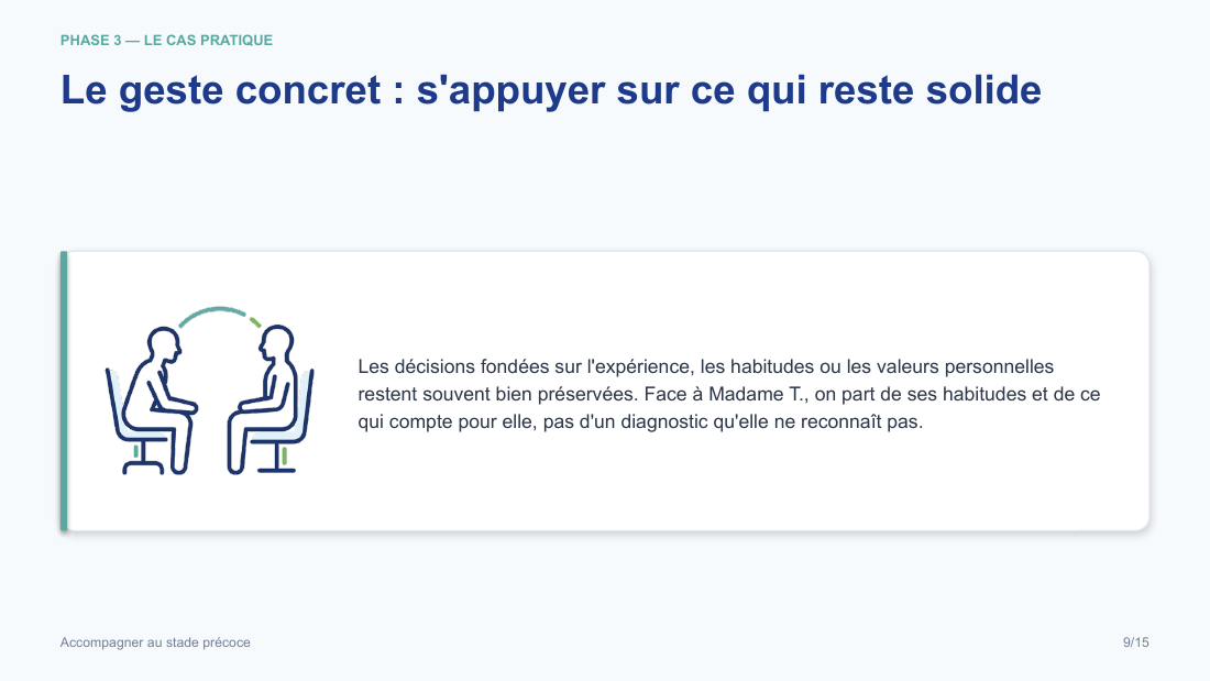 Diapositive de la mini-formation Accompagner au stade précoce — les gestes, illustrés et sourcés