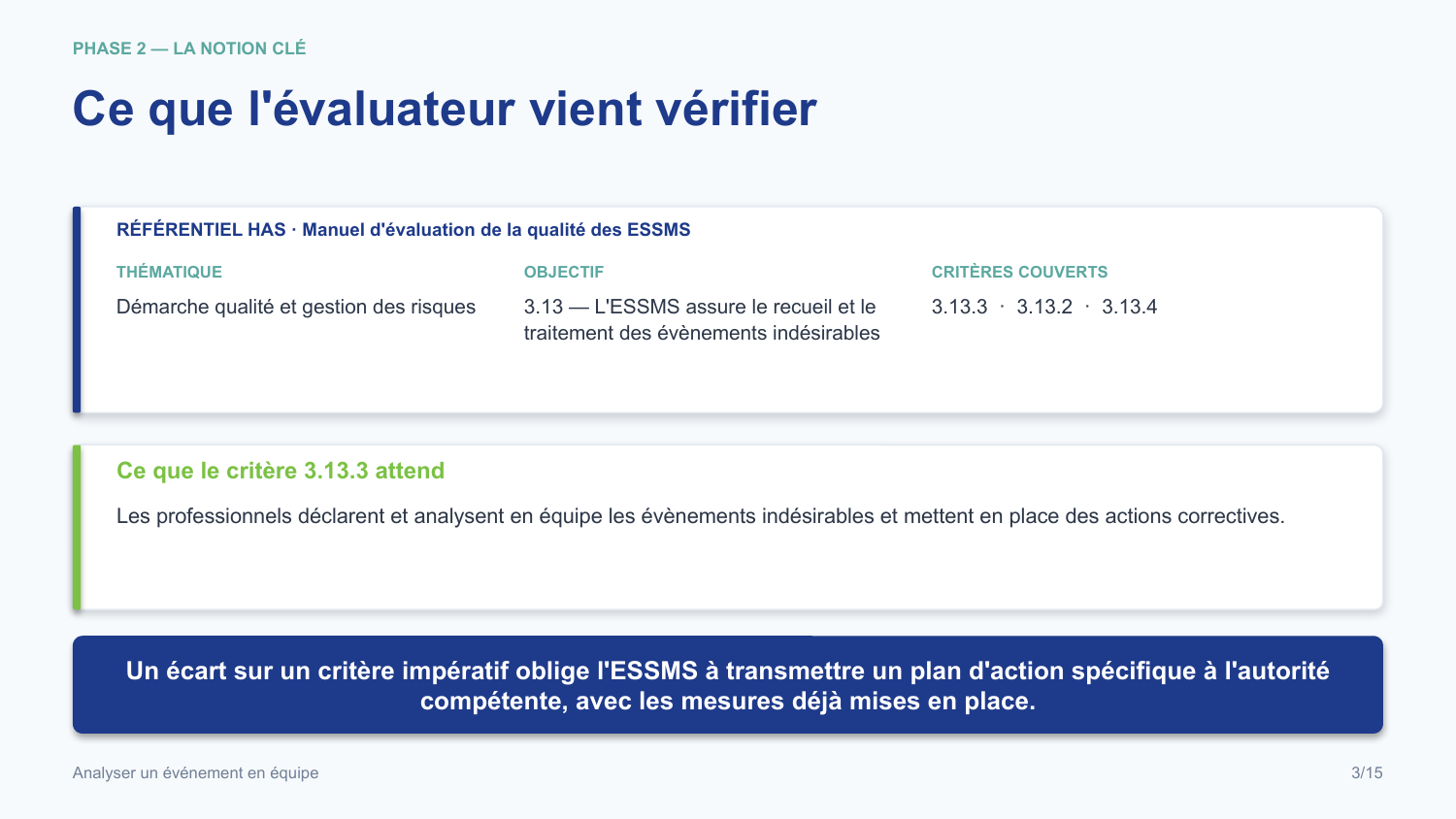 Diapositive de la mini-formation Analyser un événement en équipe — le rattachement au référentiel has