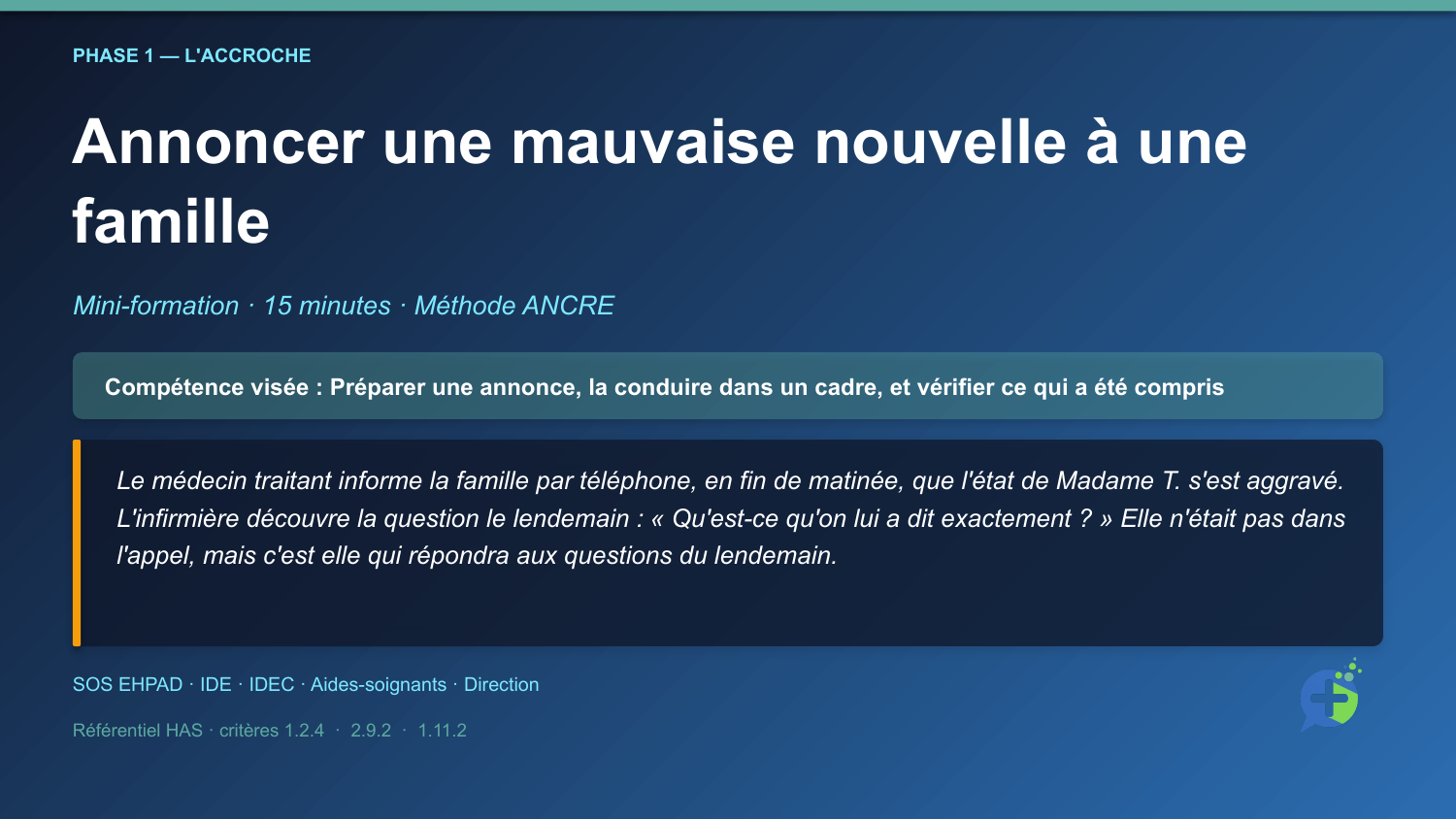 Diapositive d'ouverture de la mini-formation Annoncer une mauvaise nouvelle à une famille