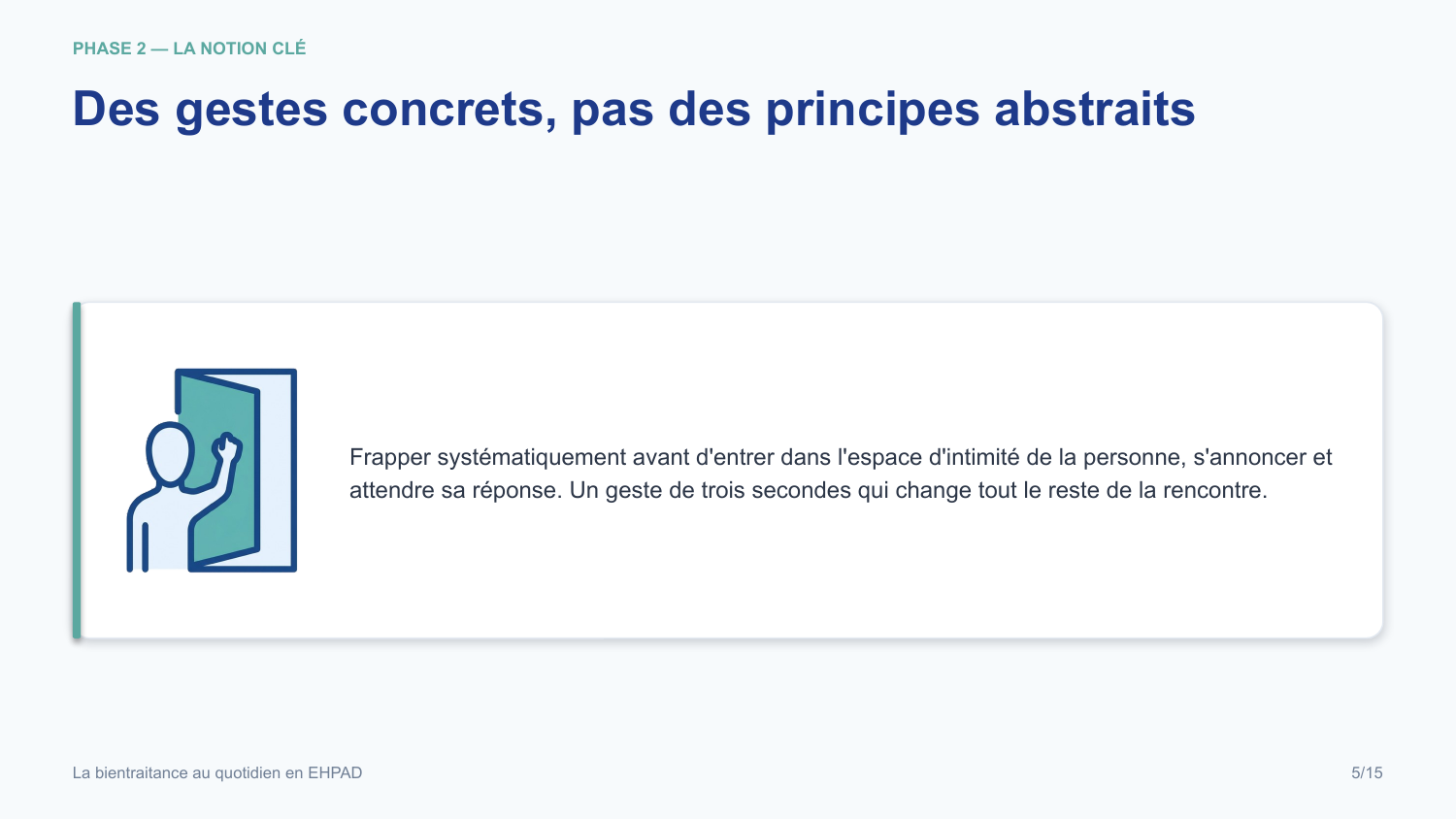 Diapositive de la mini-formation La bientraitance au quotidien en EHPAD — les gestes, illustrés et sourcés
