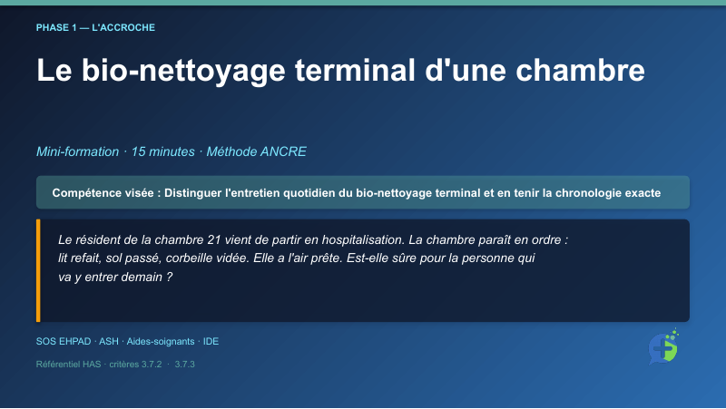 Diapositive de la mini-formation Le bio-nettoyage d'une chambre après infection ou départ — la mise en situation d'ouverture