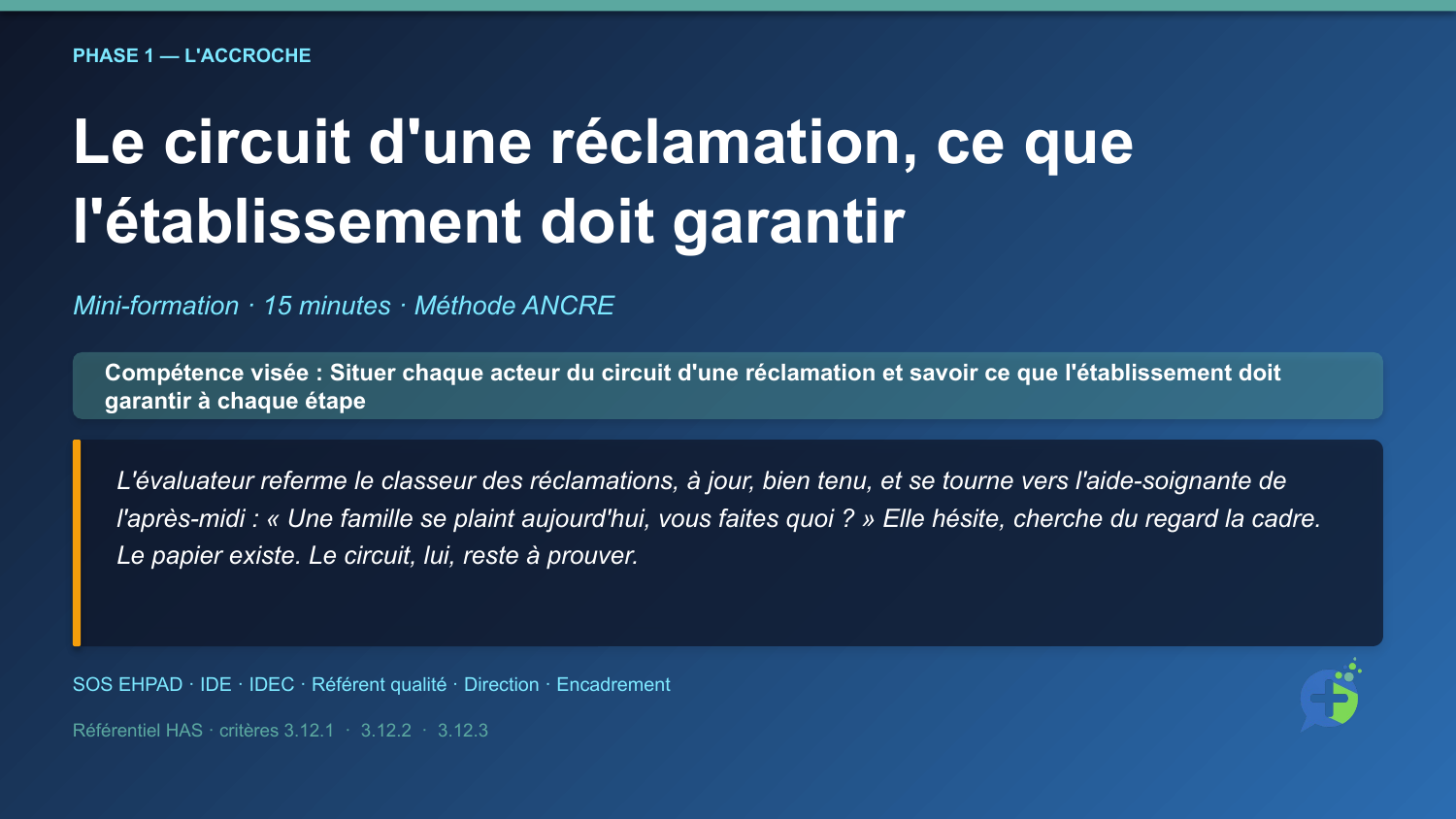 Diapositive de la mini-formation Le circuit d'une réclamation, ce que l'établissement doit garantir — la mise en situation d'ouverture