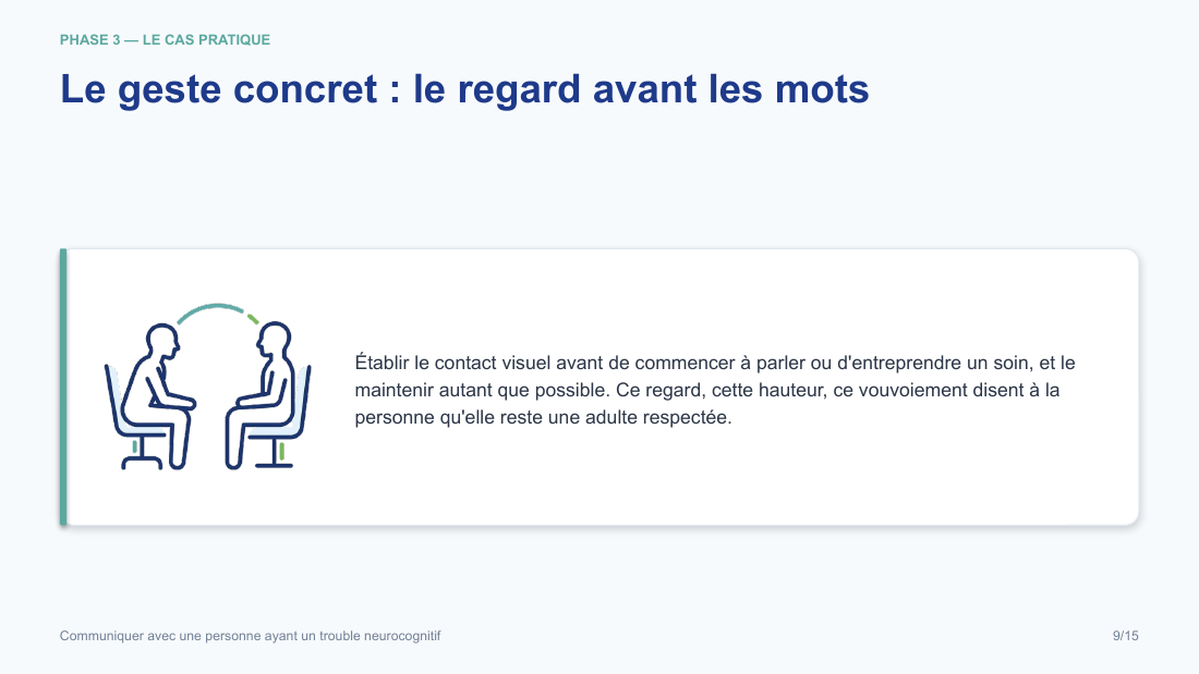 Diapositive de la mini-formation Communiquer avec une personne ayant un trouble neurocognitif — les gestes, illustrés et sourcés
