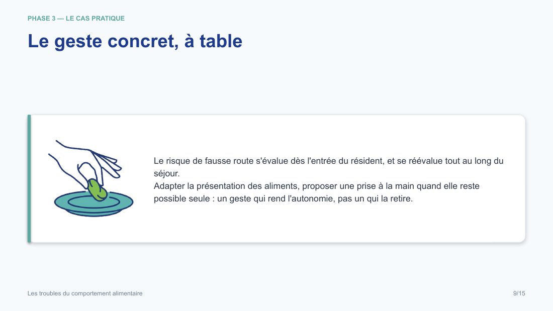 Diapositive de la mini-formation Les troubles du comportement alimentaire — les gestes, illustrés et sourcés