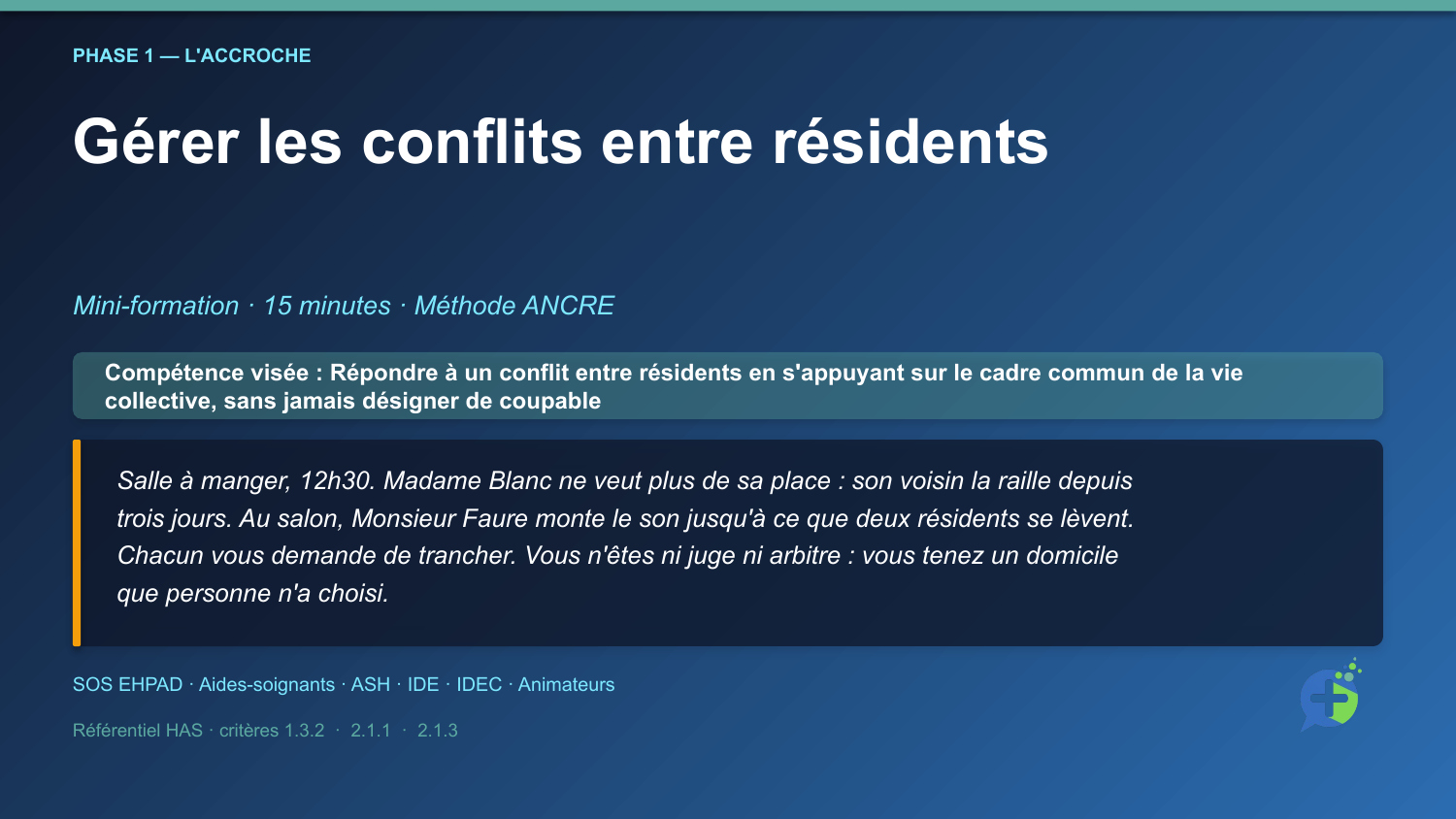 Diapositive de la mini-formation Gérer les conflits entre résidents — la mise en situation d'ouverture