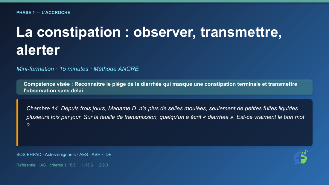 Diapositive de la mini-formation Gestion de la constipation : observation et transmission — la mise en situation d'ouverture