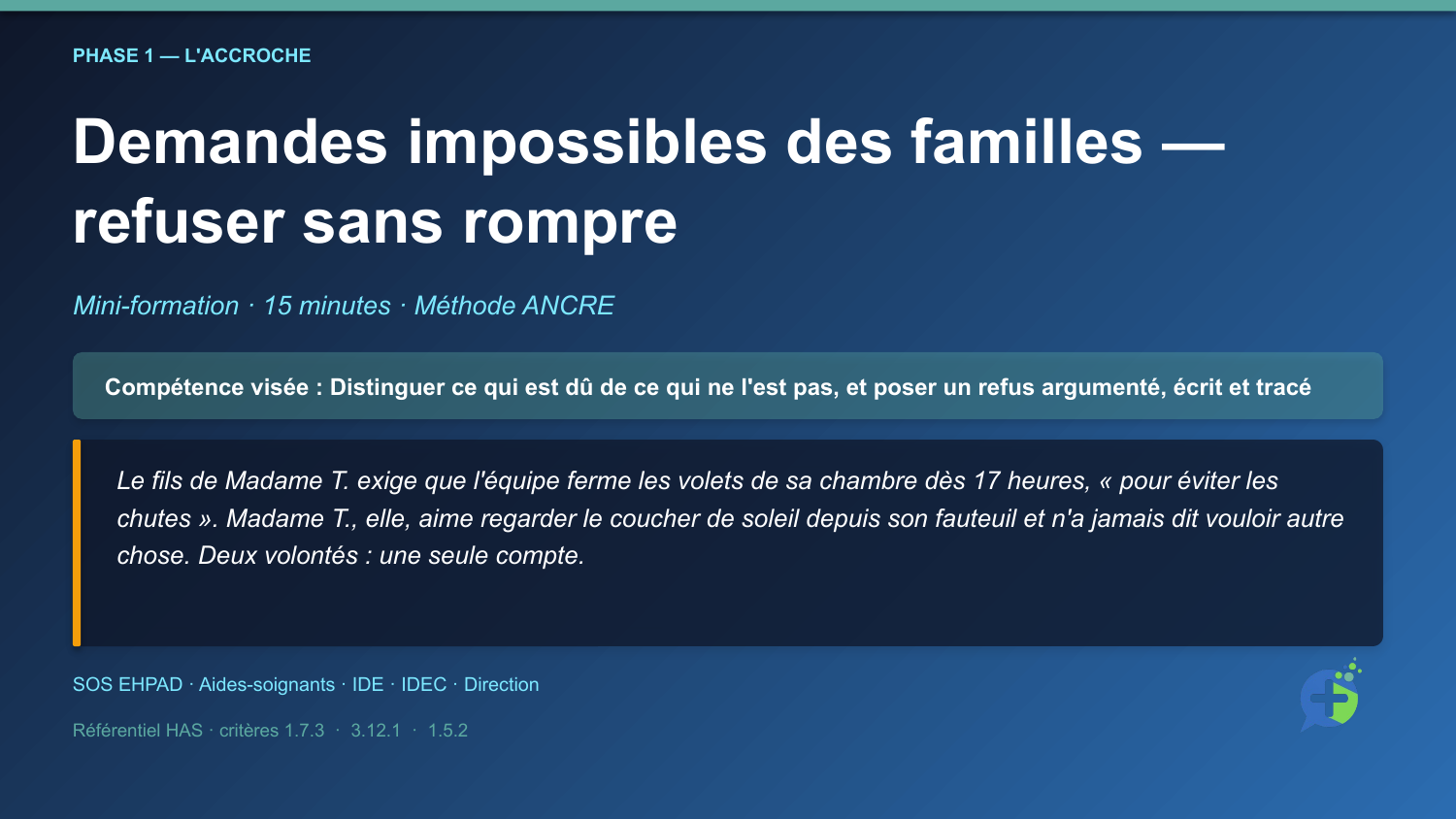 Diapositive d'ouverture de la mini-formation Demandes impossibles des familles : refuser sans rompre