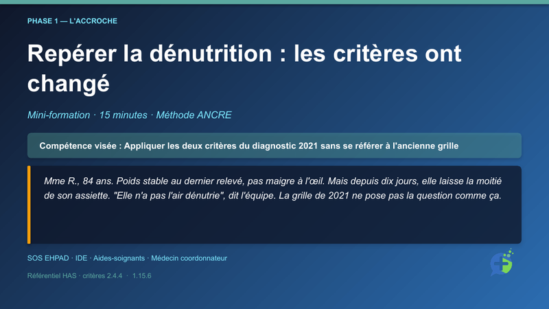 Diapositive de la mini-formation Repérer la dénutrition : les critères ont changé — la mise en situation d'ouverture