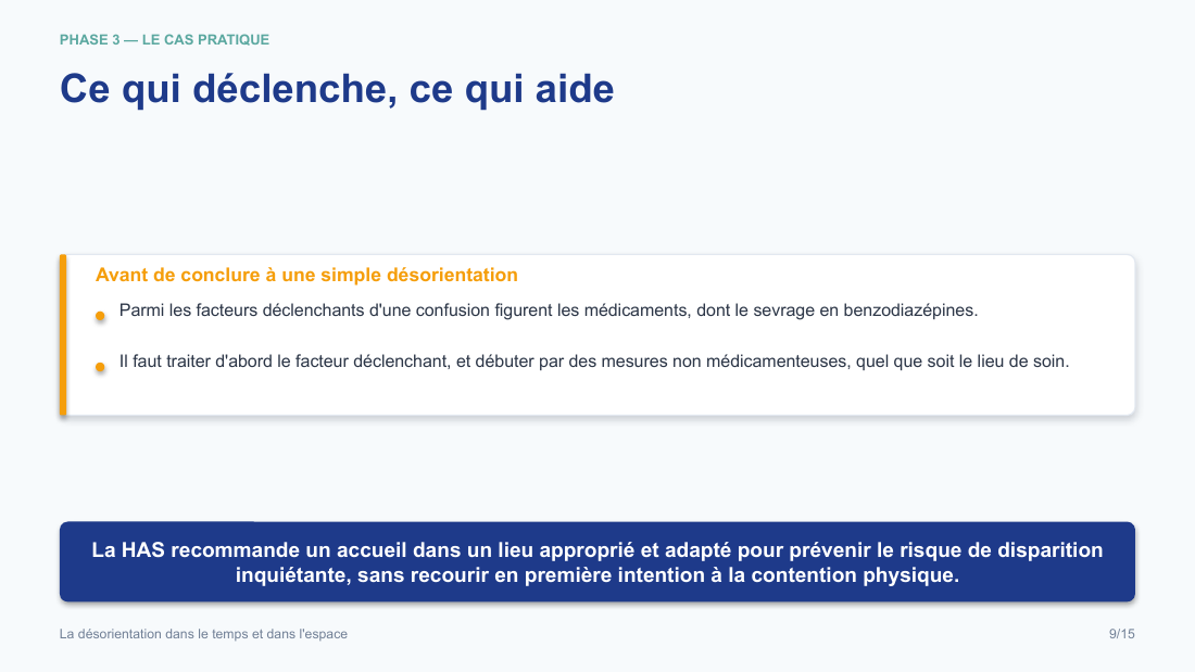 Diapositive de la mini-formation La désorientation dans le temps et dans l'espace — les gestes, illustrés et sourcés