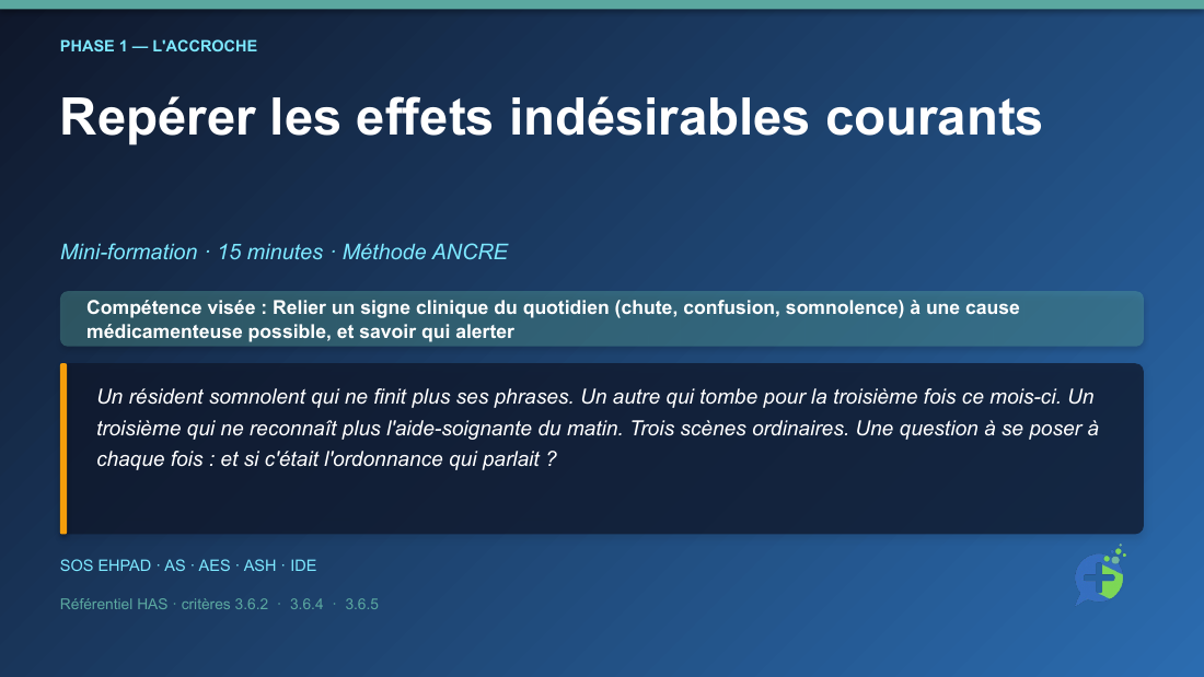 Diapositive de la mini-formation Surveillance des effets secondaires courants (somnolence, chutes) — la mise en situation d'ouverture