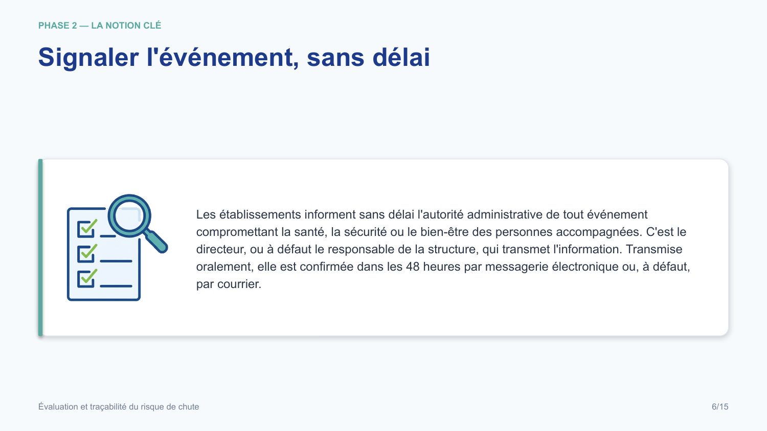 Diapositive de la mini-formation Évaluation et traçabilité du risque de chute — les gestes, illustrés et sourcés