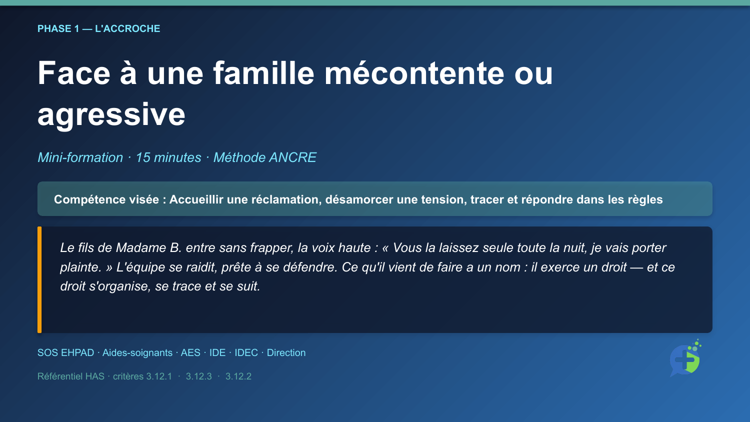Diapositive d'ouverture de la mini-formation Famille mécontente ou agressive : entendre et répondre