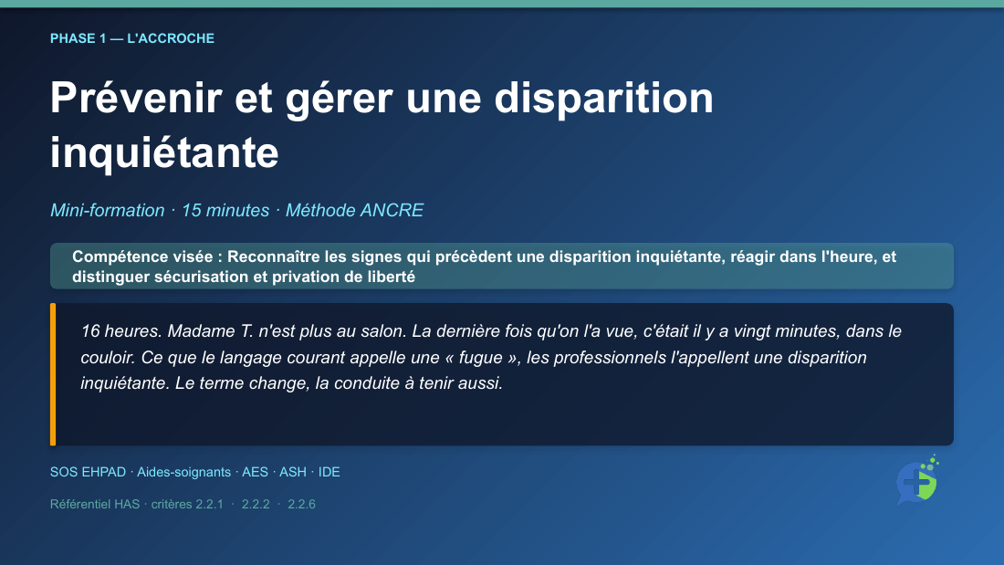 Diapositive de la mini-formation Prévenir et gérer une disparition inquiétante — la mise en situation d'ouverture