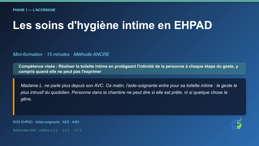 Diapositive de la mini-formation Les soins d'hygiène intime en EHPAD — la mise en situation d'ouverture