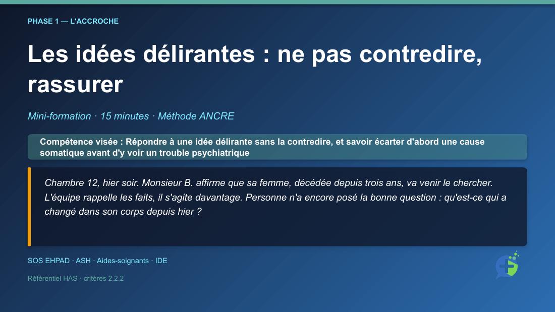 Diapositive de la mini-formation Les idées délirantes : ne pas contredire, rassurer — la mise en situation d'ouverture