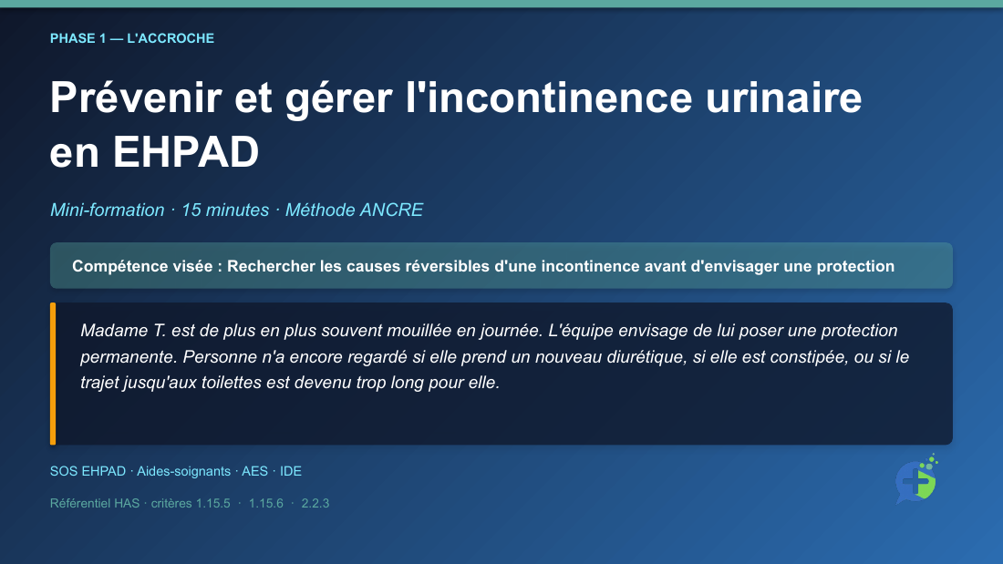 Diapositive de la mini-formation Prévenir et gérer l'incontinence urinaire en EHPAD — la mise en situation d'ouverture