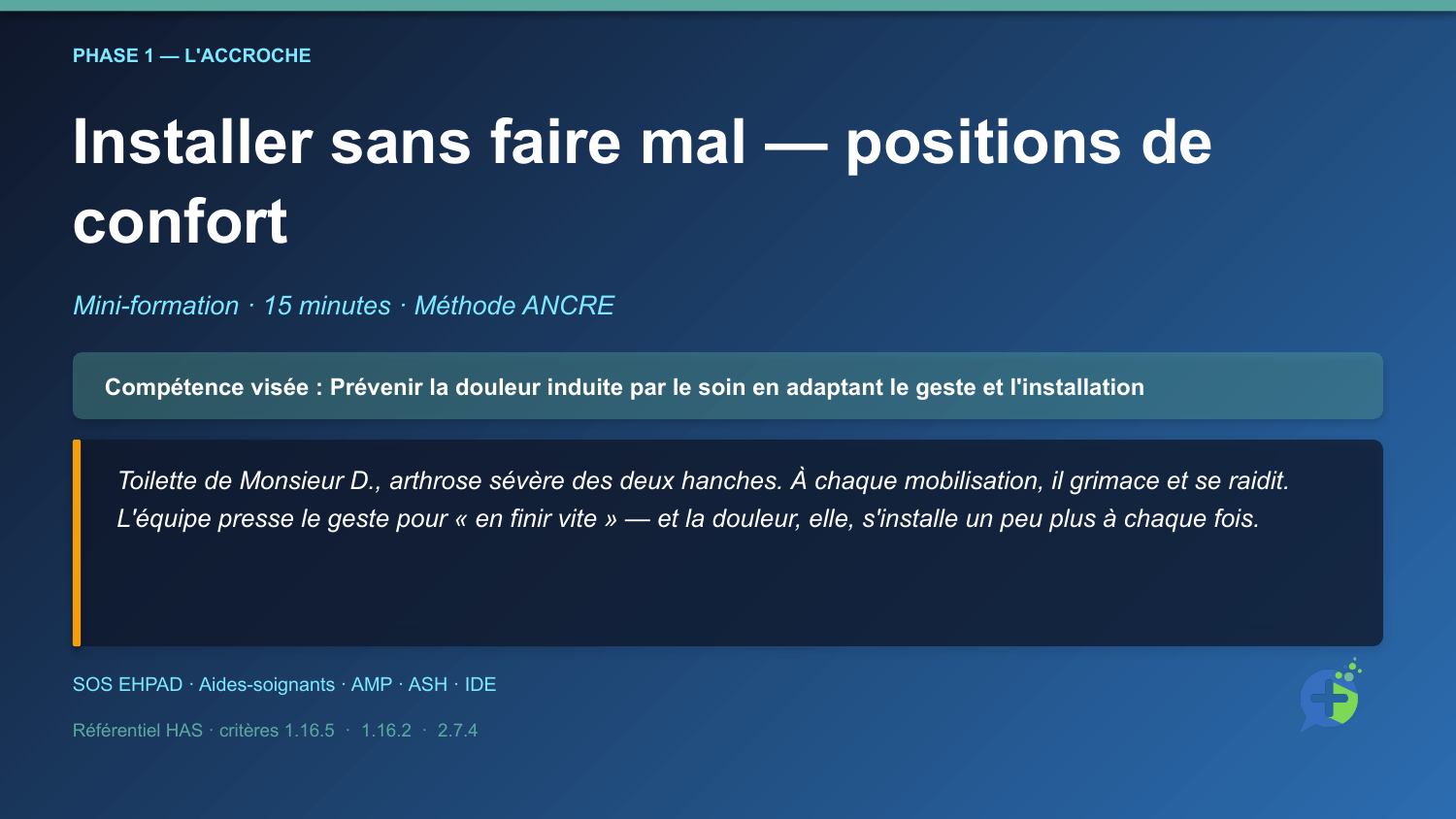 Diapositive d'ouverture de la mini-formation Installation antalgique : positions de confort