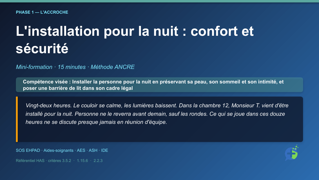 Diapositive de la mini-formation L'installation pour la nuit : confort et sécurité — la mise en situation d'ouverture
