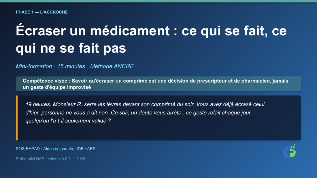 Diapositive de la mini-formation Écraser un médicament : ce qui se fait, ce qui ne se fait pas — la mise en situation d'ouverture