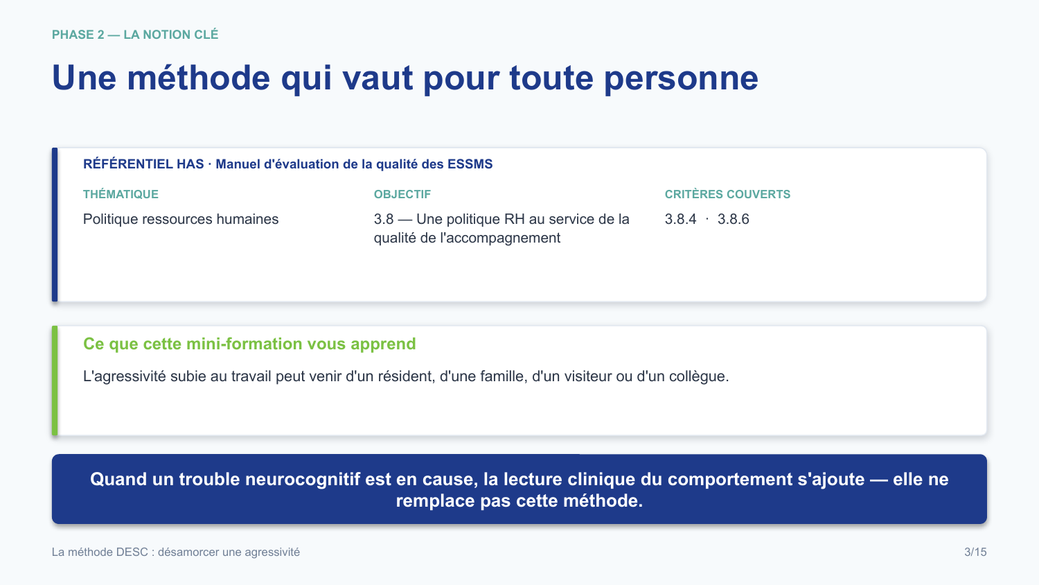 Diapositive de la mini-formation La méthode DESC : désamorcer une agressivité — le rattachement au référentiel has