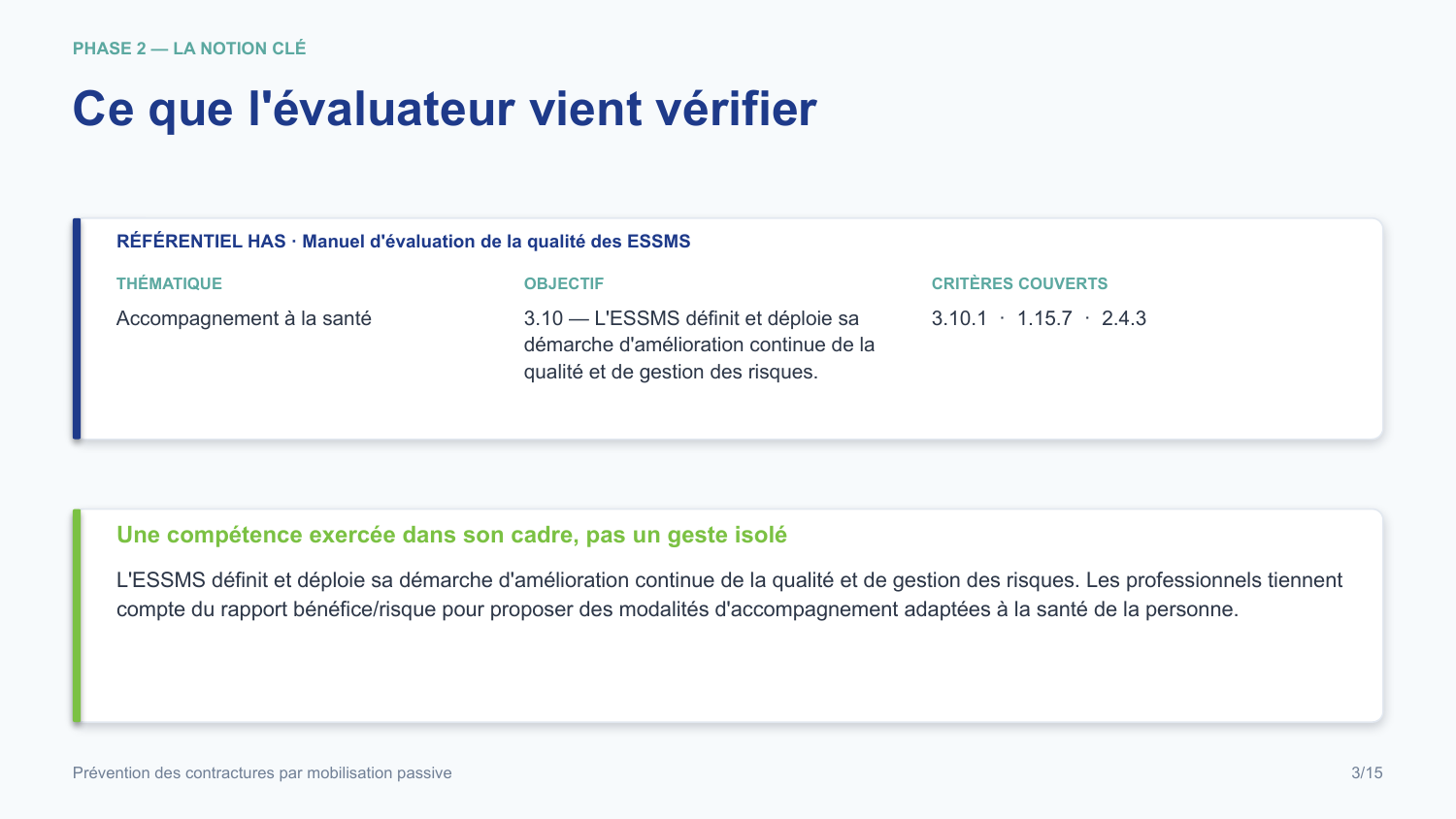 Diapositive de la mini-formation Prévention des contractures par mobilisation passive — le rattachement au référentiel has
