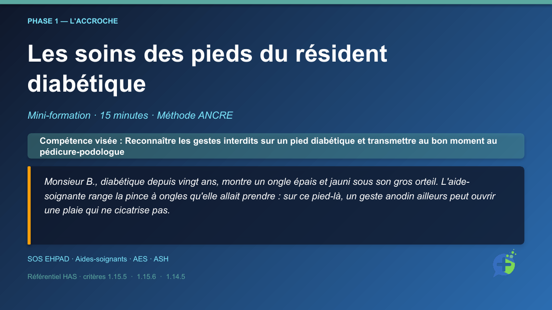 Diapositive de la mini-formation Les soins des pieds du résident diabétique — la mise en situation d'ouverture