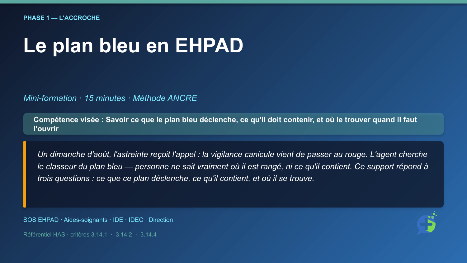Diapositive de la mini-formation Le plan bleu en EHPAD — la mise en situation d'ouverture