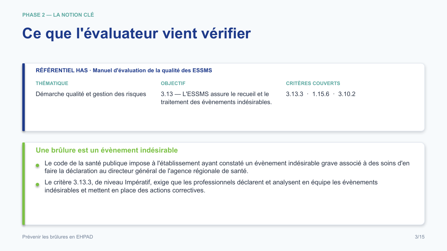 Diapositive de la mini-formation Prévenir les brûlures en EHPAD — le rattachement au référentiel has