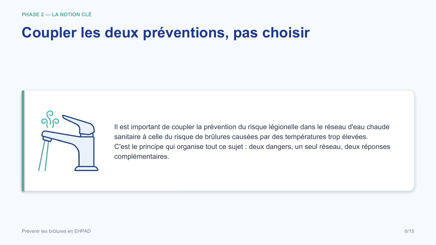 Diapositive de la mini-formation Prévenir les brûlures en EHPAD — les gestes, illustrés et sourcés