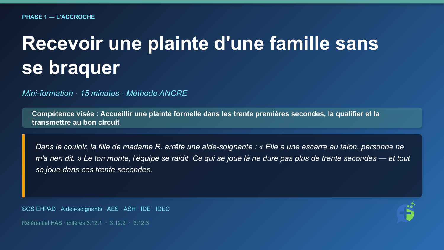 Diapositive de la mini-formation Recevoir une plainte d'une famille sans se braquer — la mise en situation d'ouverture