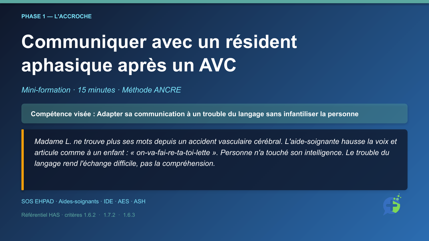 Diapositive d'ouverture de la mini-formation Communication avec un résident aphasique après AVC