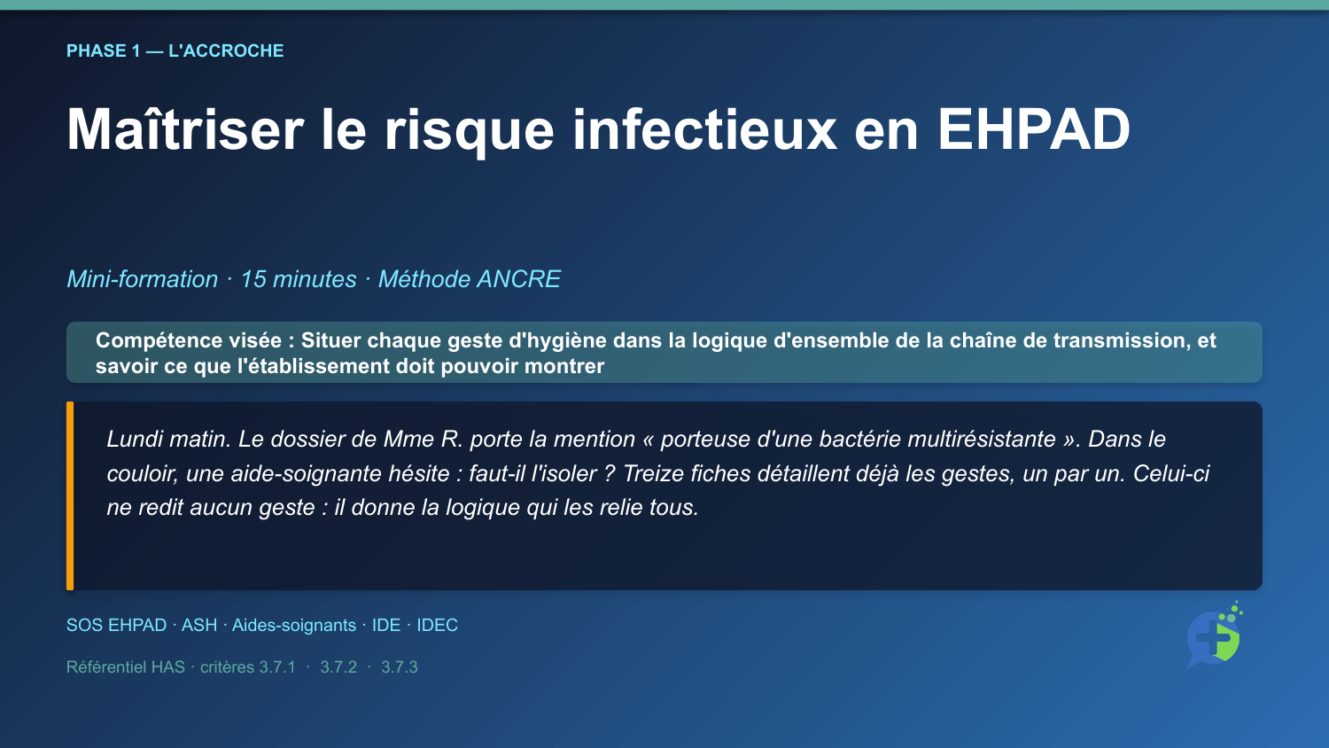 Diapositive d'ouverture de la mini-formation Maîtriser le risque infectieux en EHPAD : agir au quotidien