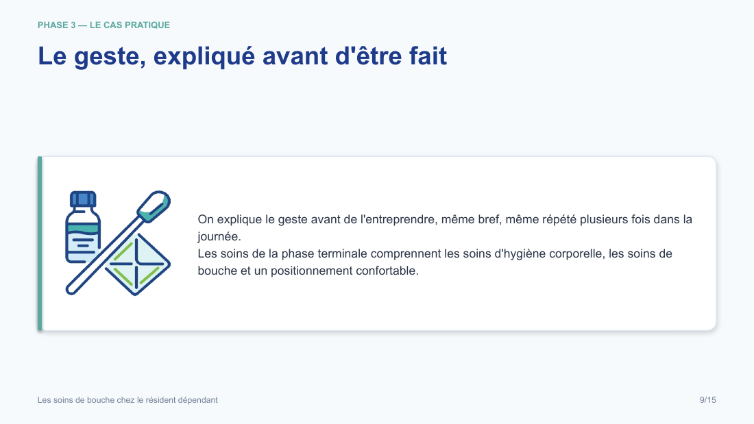 Diapositive de la mini-formation Les soins de bouche chez le résident dépendant — les gestes, illustrés et sourcés
