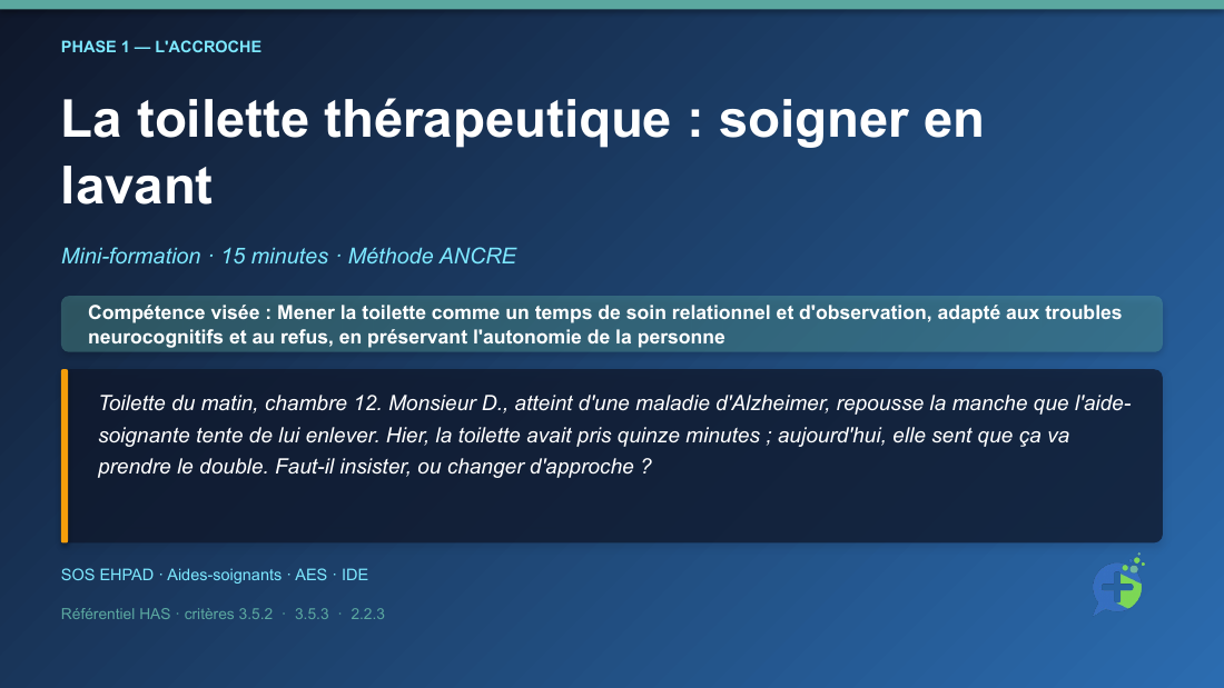 Diapositive d'ouverture de la mini-formation La Toilette Thérapeutique : Soigner en Lavant