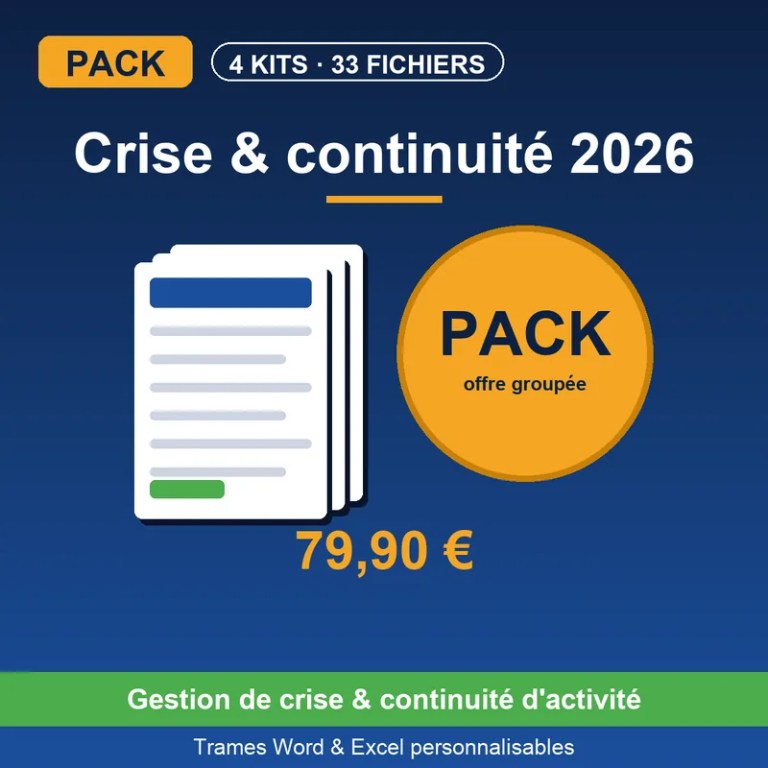 Pack Crise & Continuité 2026 — 4 Kits, 33 fichiers (-27%)