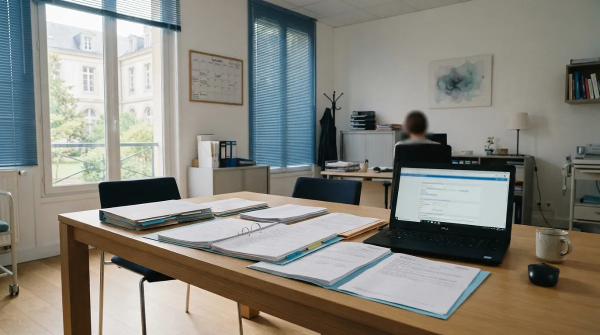 Bureau de direction avec calendrier et dossiers administratifs dans un etablissement de sante